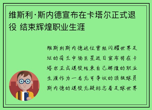 维斯利·斯内德宣布在卡塔尔正式退役 结束辉煌职业生涯